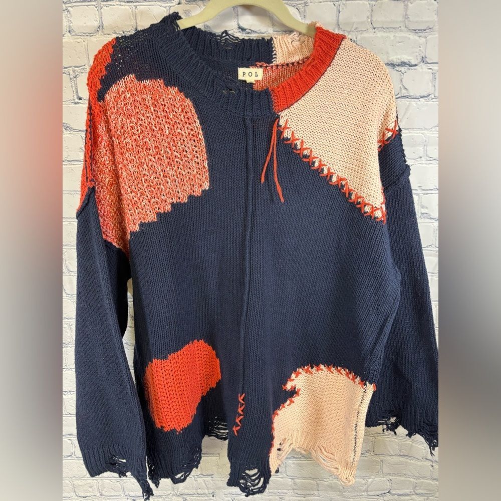 POL Navy Orange Chunky Knit Relaxed Fit Boho Cozy Distressed Crew Sweater S